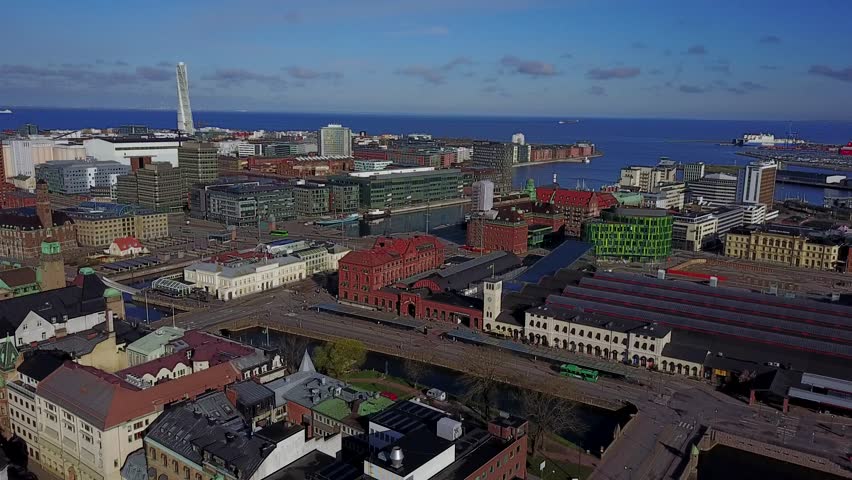 Beautiful aerial view of Malmo, Sweden from above. Amazing city skyline view.