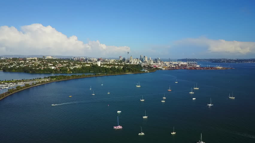 Aerial view on Auckland city center over Waitemata Harbour. New Zealand