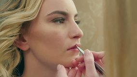 Professional makeup artist applying brown lipstick on lips of model