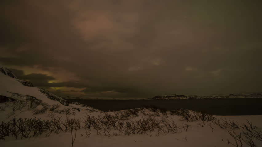 Northern Lights on the Kola Peninsula. Teriberka, Murmansk region, Russia. Full HD.