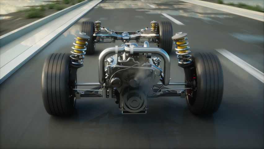 Car chassis with engine on highway. Very fast driving. Auto concept. Realistic 4k animation.