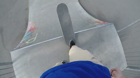 Point of view shot of skateboarder skating around a park and doing tricks and jumps