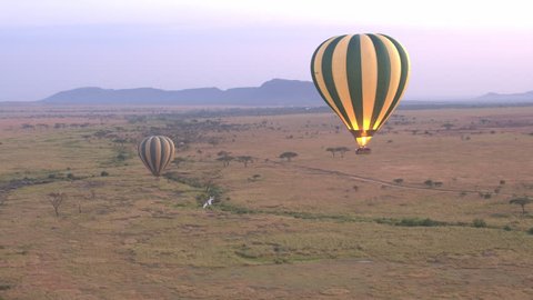 CLOSE UP: Safari hot air balloon flying above vast savannah plains rolling into the distance in stunning Serengeti National Park. Tourists on journey of lifetime in African wildlife wilderness at dawn