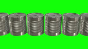 Canned food row. 3D render on green. HD animation. Seamless looped motion background with chroma key.