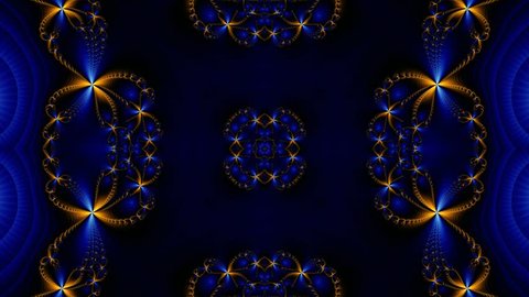 Orange and blue kaleidoscope sequence patterns.Abstract multicolored motion graphics background. Or for yoga, clubs, shows, mandala, fractal animation. Seamless loop.