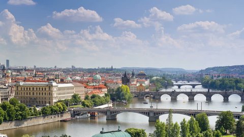 Bridges of Prague including the famous Charles Bridge over the River Vitava Czech Republic, Europe 