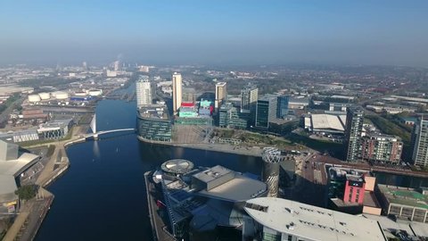 Aerial view of Salford Quays and Media City in Manchester, UK.