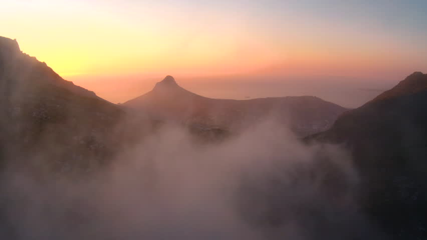 Drone reveal trough the trees on Signal hill into Cape Town city during sunrise.