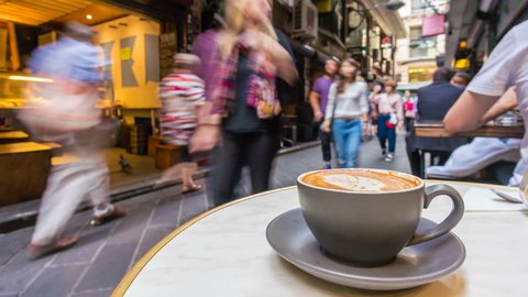 Melbourne, Australia - Apr 20, 2017: 4k timelapse video of enjoying coffee in a laneway cafe in Melbourne.
