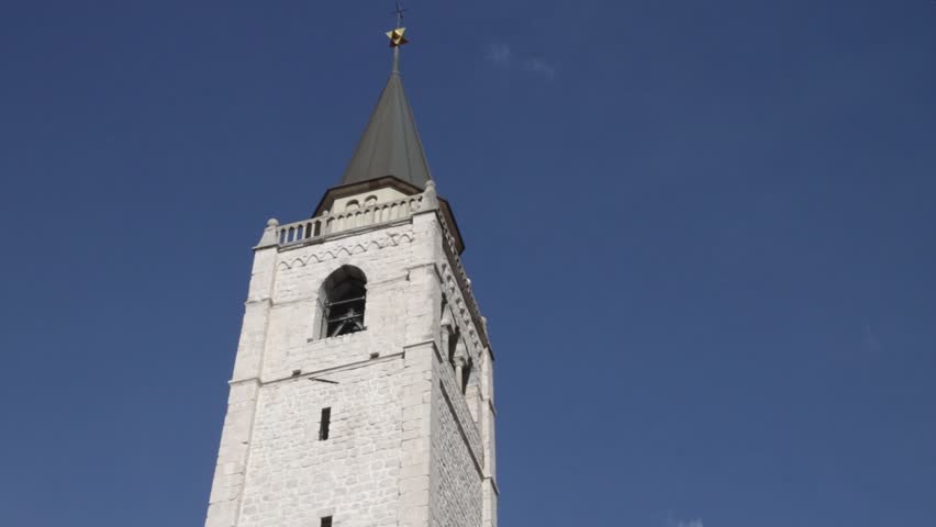 bell tower in venzone, village in northern Italy reconstructed after the earthquake of 1976