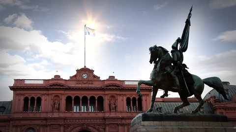 Equestrian Statue to the Argentine National Hero General Manuel Belgrano in front of the Casa Rosada Presidential Palace, Plaza de Mayo Square, Buenos Aires, Argentina.