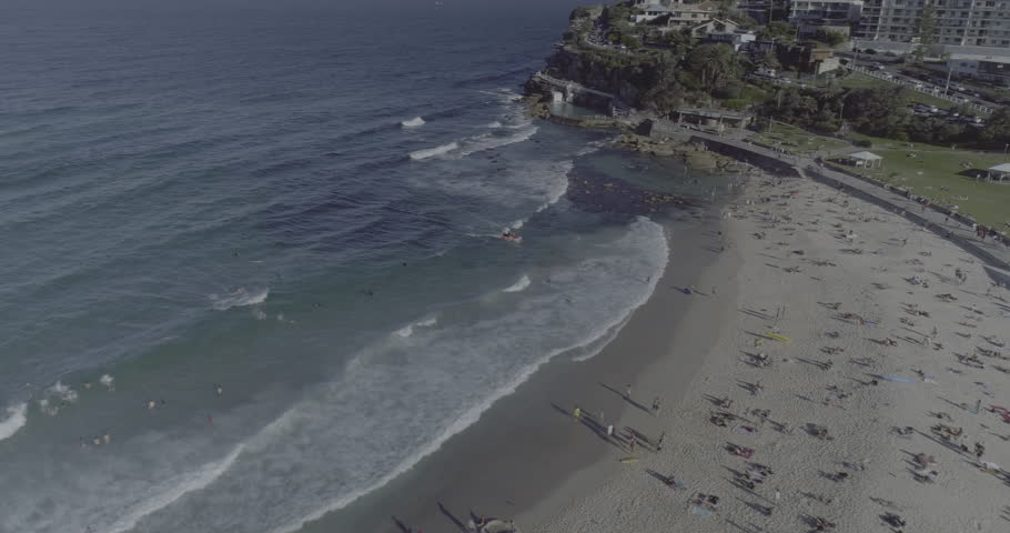 Aerial swoop over view of Bronte Beach. Sydney Australia
