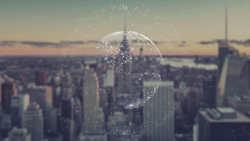 Digital animation of Global world hologram. Holographic rendering Earth, against the background of skyscrapers. illustration of business processes and communications, technology, connection Royalty-Free Stock Footage #26115899