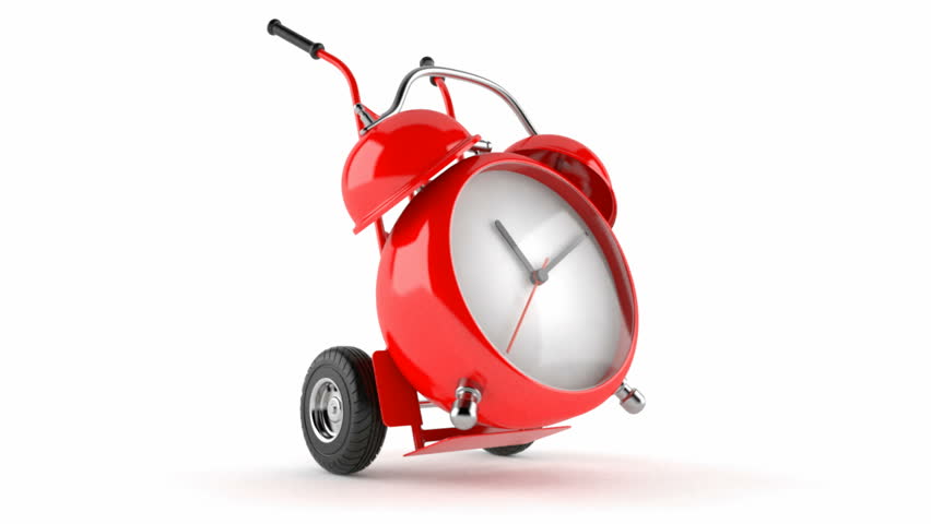 Alarm clock with hand truck isolated on white background