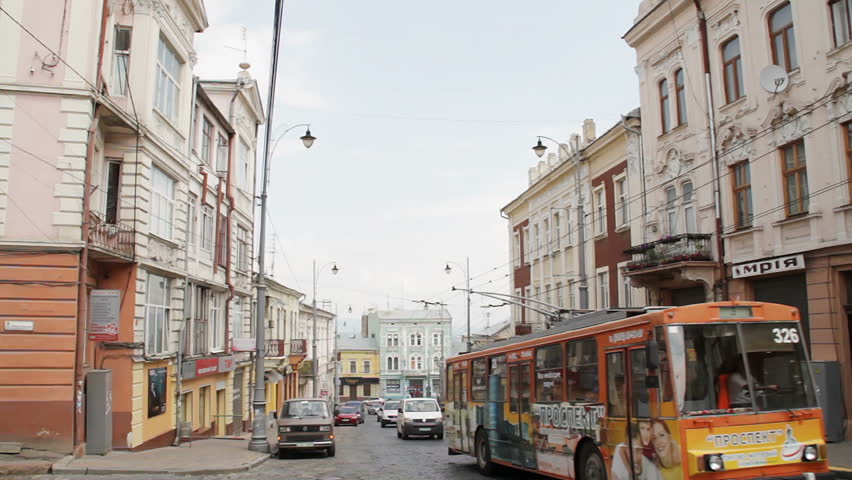 Chernivtsi, Ukraine. Street, cars, trolleybus.
