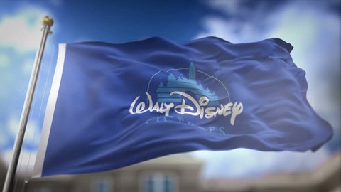 BRISBANE, AUSTRALIA - APRIL 23, 2017 : Walt Disney Pictures Flag Waving Slow Motion 3D Rendering Blue Sky Background - Editorial Animation Seamless Loop 4K