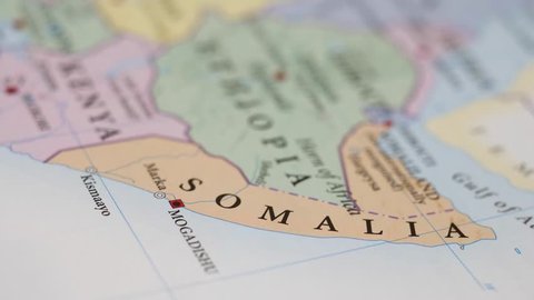 Focusing on Somalia country location on a map.