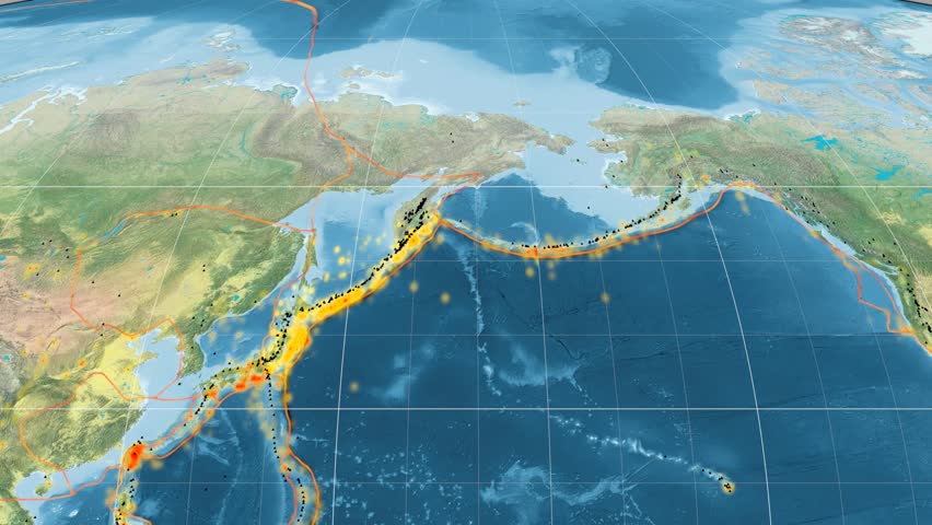 Okhotsk tectonic plate featured & animated against the global topographic map in the Mollweide projection. Tectonic plates borders (Peter Bird