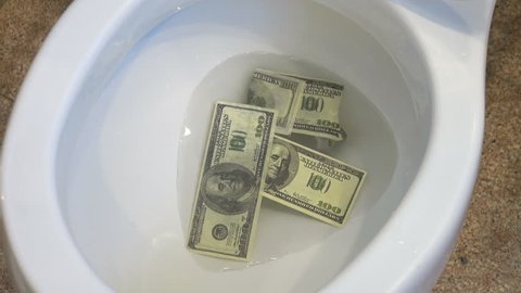 High quality video of flushing dollars in toilet bowl in 4K