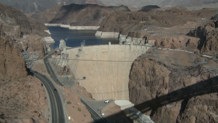 Mid-aerial view of the Hoover Dam, Colorado River and Lake Meade near Las Vegas,