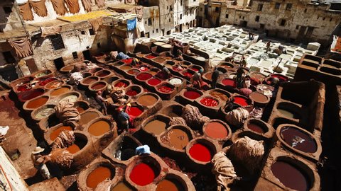 Chouwara traditional leather tannery in Old Fez, vats for tanning and dyeing leather hides 
