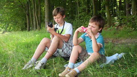 Children play camera in the woods in the summer