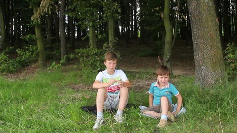 Children playing in the woods in the summer