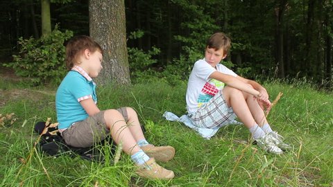 Children playing in the woods in the summer
