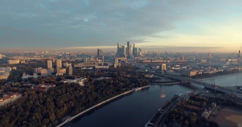A sunrise aerial shot of skyscrapers of Moscow International Business Center, Moscow-city. Moscow aerial high altitude drone flight. Ultra HD 4K.
