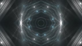 VJ Fractal grey kaleidoscopic background. Background blue motion with fractal design on black background. Disco spectrum lights concert spot bulb. Light Tunnel. Seamless loop.