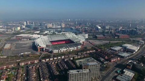MANCHESTER, UK - APRIL 2017: Helicopter aerial view of Manchester United Football Club, Manchester, UK.