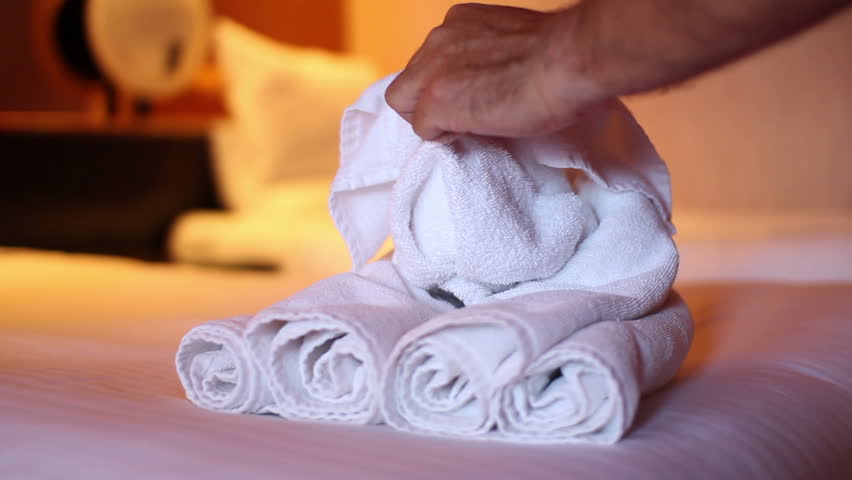 Putting the finishing touches on a towel dog in a hotel room or cruise cabin.