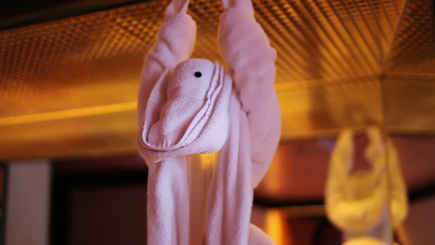 Putting the finishing touches on a hanging towel monkey in a hotel room or