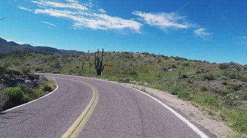 APACHE JUNCTION AZ/USA: March 23, 2017- Car view driving past Saguaro Cactus on a curving highway. First person view of desert plant scenery on winding back country stretch of pavement.