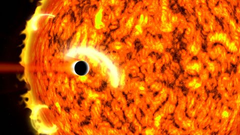 A huge solar storm erupts on the surface of the sun, sending out a huge CME (coronal mass ejection) which then strikes the Earth's magnetic field.