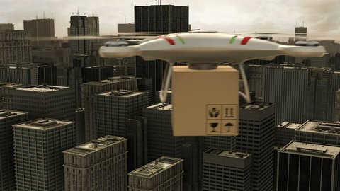 Quadcopter drone delivery - A CG animation showing an Unmanned Aerial Vehicle delivering a parcel to customers in a large metropolis
