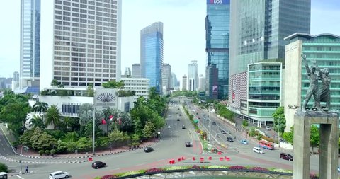 JAKARTA, Indonesia. April 17, 2017: video footage of top view of highway intersection in Central Jakarta, Indonesia. Professional shot in 4K resolution