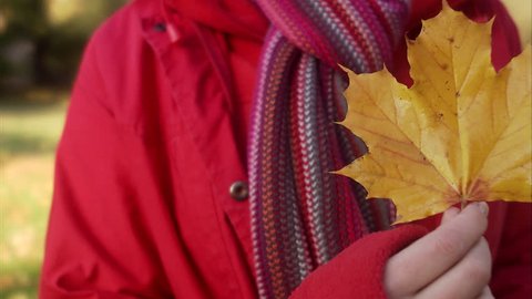 A woman holding an autumn leaf