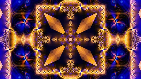 Orange and blue kaleidoscope sequence patterns.Abstract multicolored motion graphics background. Or for yoga, clubs, shows, mandala, fractal animation. Seamless loop.