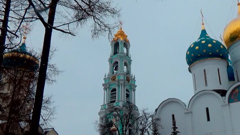The belltower, the Church of the Holy Spirit and the Assumption Cathedral of the Trinity-Sergius Lavra, in the city of Sergiev Posad, April 17, 2017