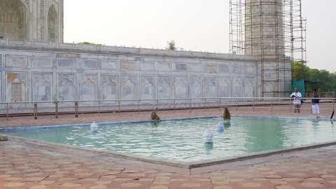 INDIA - CIRCA JUNE 2016 - Monkeys bathe, rest and drink, Taj Mahal water fountain pool, Agra, India