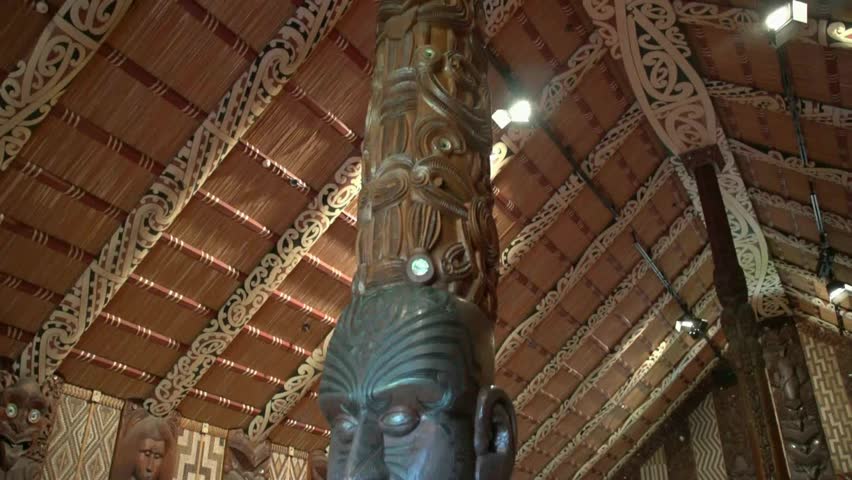 PAIHIA, NEW ZEALAND - CIRCA JULY 2012: Maori carvings in the Marae meeting house