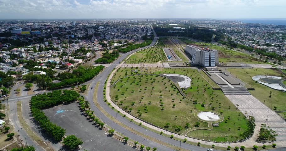 Aerial flyover above the Columbus Lighthouse monument and landscaped grounds in Santo Domingo, Dominican Republic, 2017.