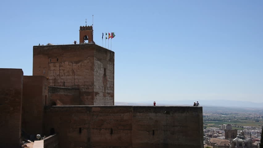 Spain Andalucia Alhambra Flags Bell Tower with Tourists