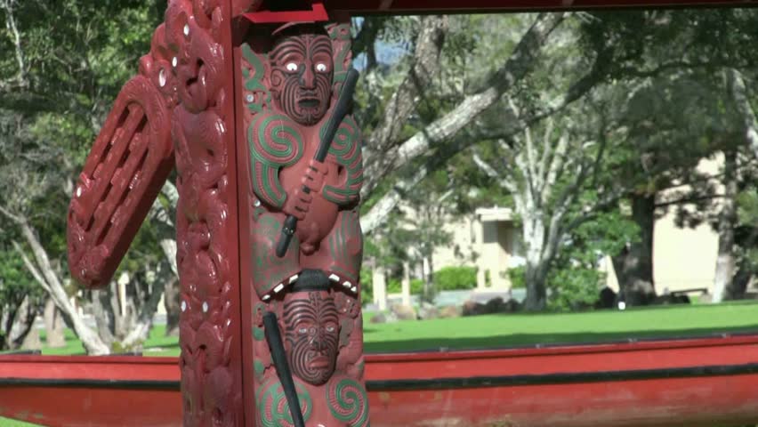 PAIHIA, NEW ZEALAND - CIRCA JULY 2012: Maori carvings on the Waitangi Treaty