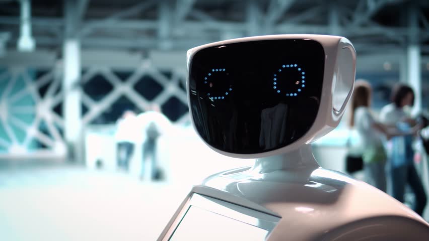 Modern Robotic Technologies. The robot looks at the camera at the person. The robot shows emotions. Raises his hands up, dances or is indignant. Or attacks Royalty-Free Stock Footage #26223152