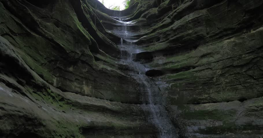 Looking up at a waterfall running down the side of a canyon