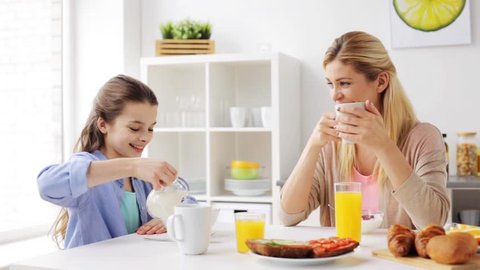 food, healthy eating, family and people concept - happy mother and daughter having breakfast at home kitchen