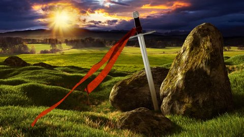Sword with red ribbon in the wind on the meadow under the dramatic sky. Storm heaven and sun lights.