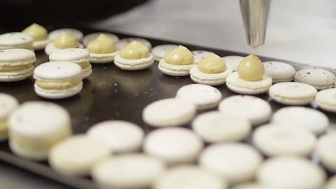 SLOW MOTION Cooking white Macaroons, add filling from the cooking bag. Cooked halves of macaroons lie on a baking sheet